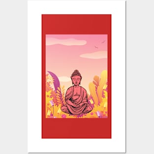 Vibrant Pink and Yellow Mountain Buddha Graphic Posters and Art